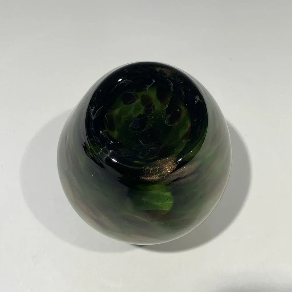 Green Art Glass Vase With Sparkly Bronze Swirls 4.75